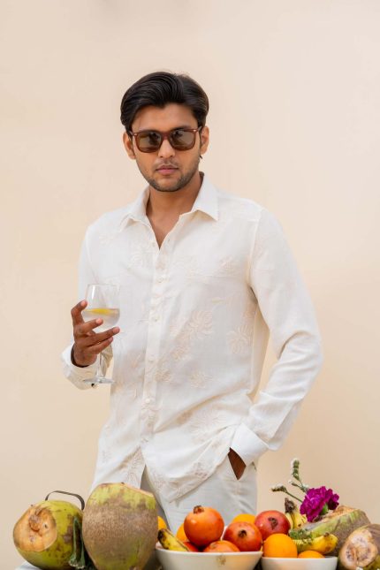 Shop White Linen Shirt | Floral Vine Barfili Shirt | houseofayushjain