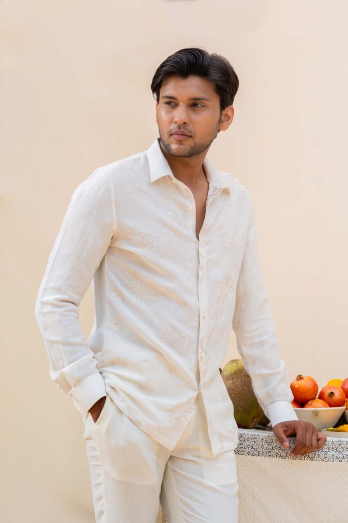 Shop White Linen Shirt | Floral Vine Barfili Shirt | houseofayushjain