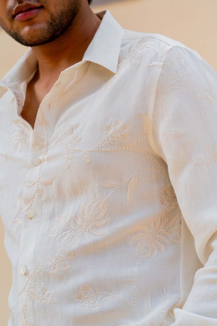 Shop White Linen Shirt | Floral Vine Barfili Shirt | houseofayushjain