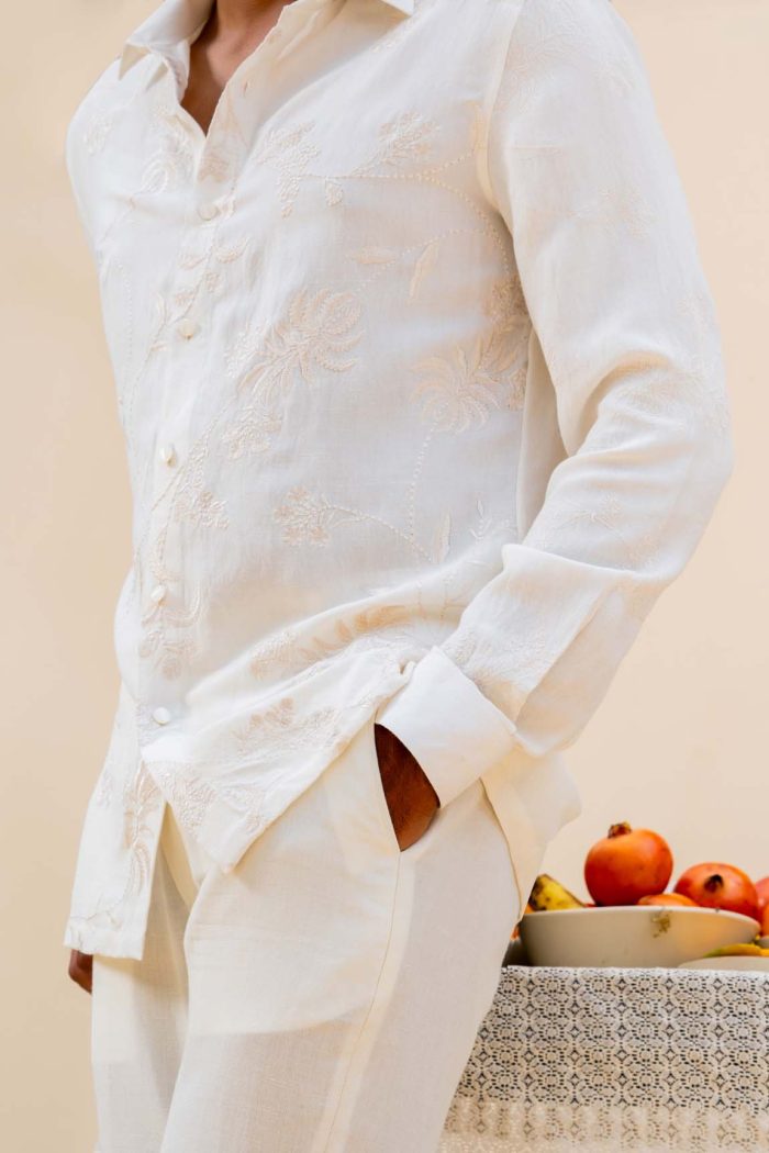 Shop White Linen Shirt | Floral Vine Barfili Shirt | houseofayushjain