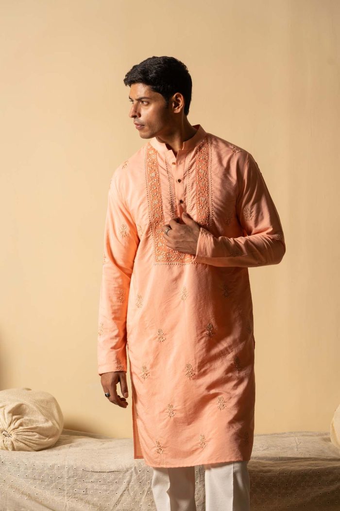 Shop Aruma Kurta Set | Peach Pink Kurta | houseofayushjain