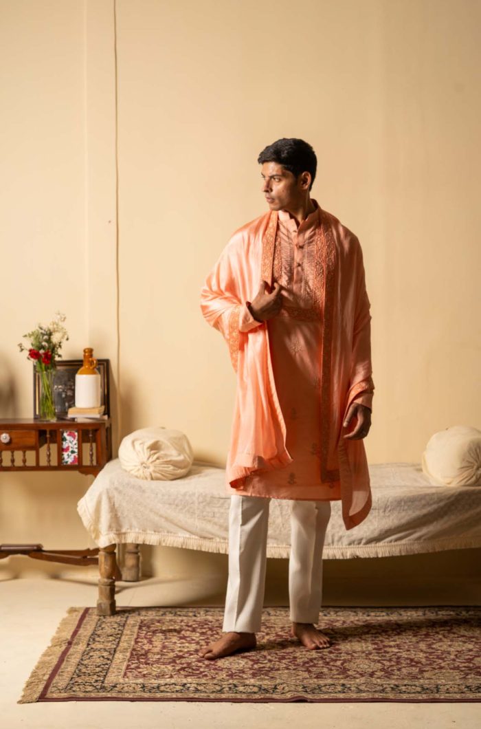 Shop Aruma Kurta Set | Peach Pink Kurta | houseofayushjain