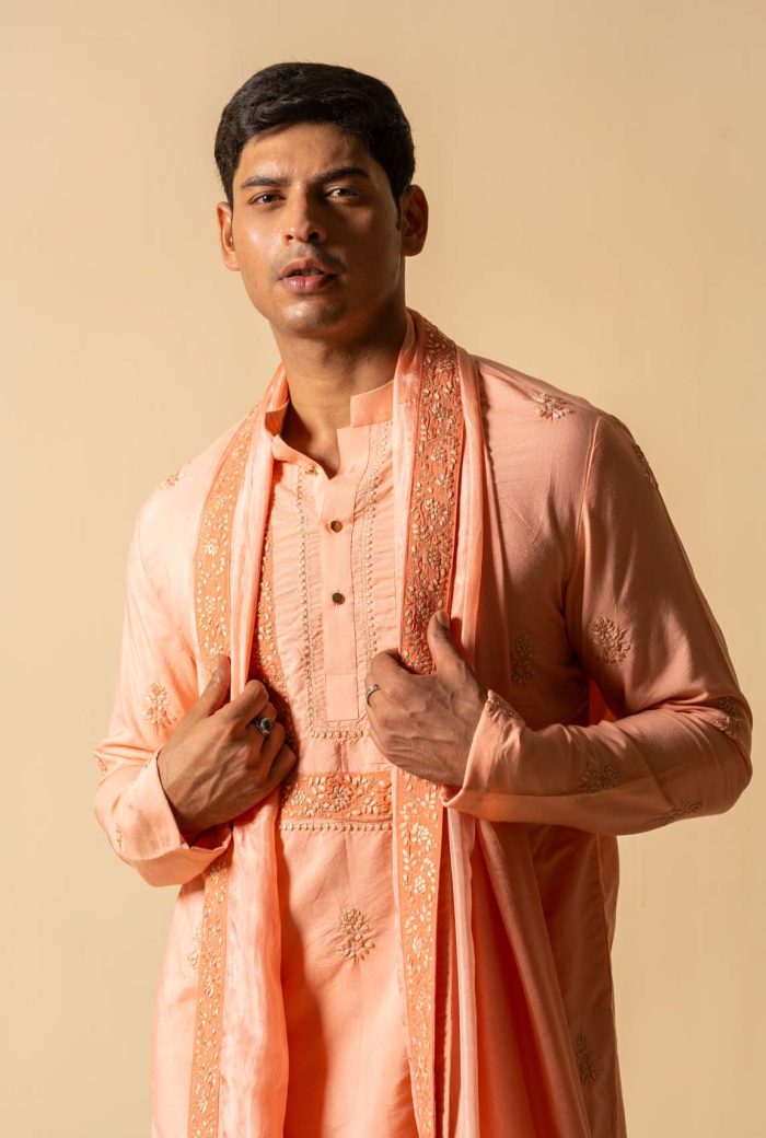 Shop Aruma Kurta Set | Peach Pink Kurta | houseofayushjain