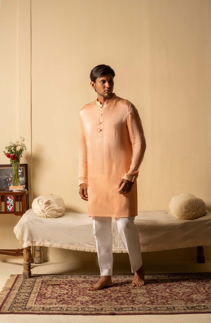 Peach Satin Silk Kurta | Bela Floral Embroidered Kurta | Ayush Jain | houseofayushjain