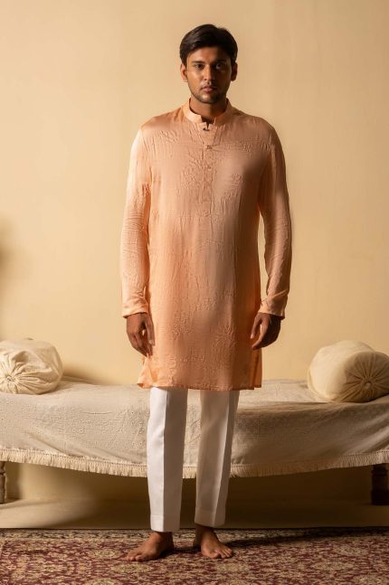 Shop Peach Satin Silk Long Open Bandi | Bela Bandi | Ayush Jain