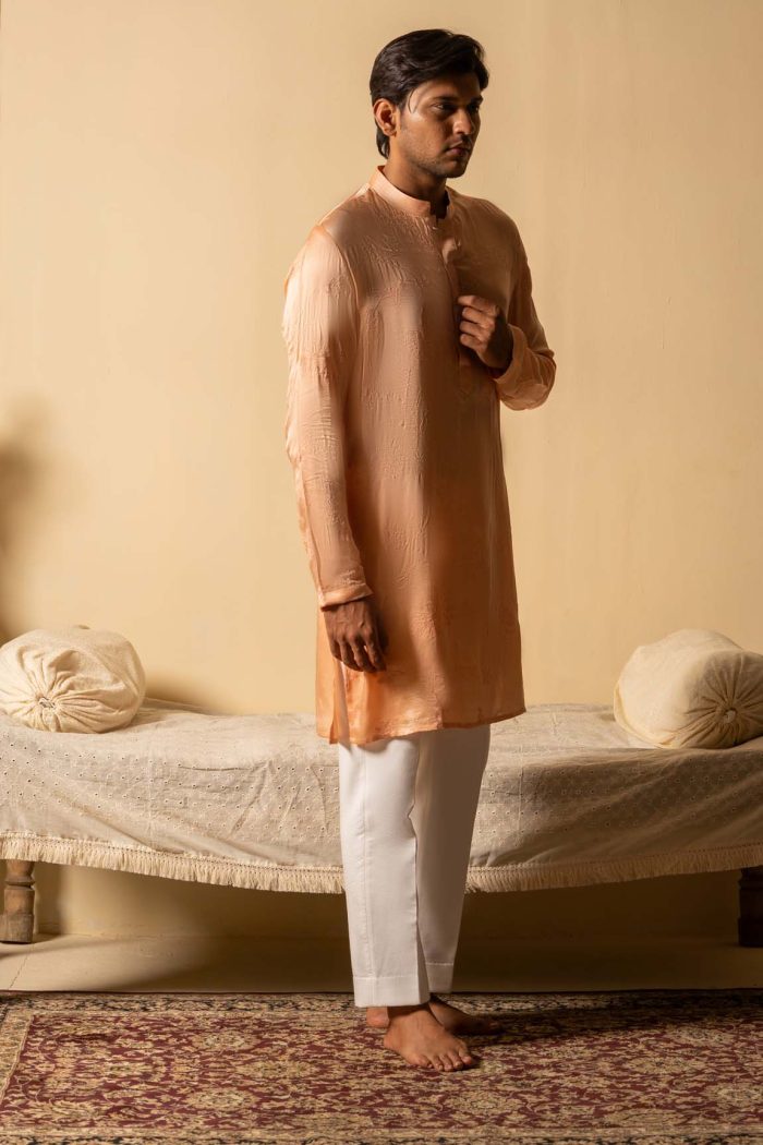 Peach Satin Silk Kurta | Bela Floral Embroidered Kurta | Ayush Jain | houseofayushjain