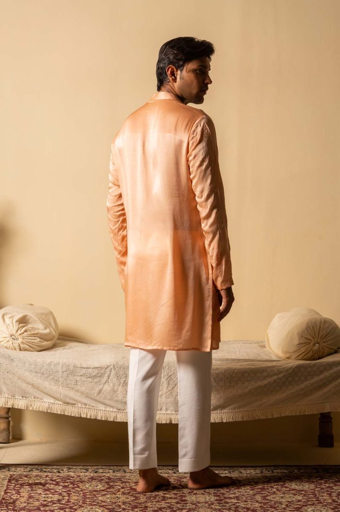 Peach Satin Silk Kurta | Bela Floral Embroidered Kurta | Ayush Jain | houseofayushjain