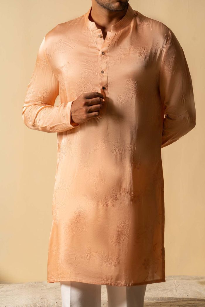 Peach Satin Silk Kurta | Bela Floral Embroidered Kurta | Ayush Jain | houseofayushjain