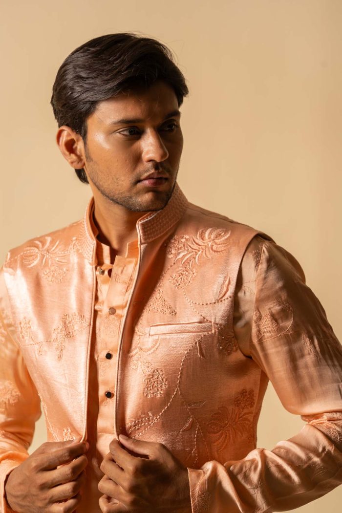 Shop Peach Satin Silk Long Open Bandi | Bela Bandi | Ayush Jain