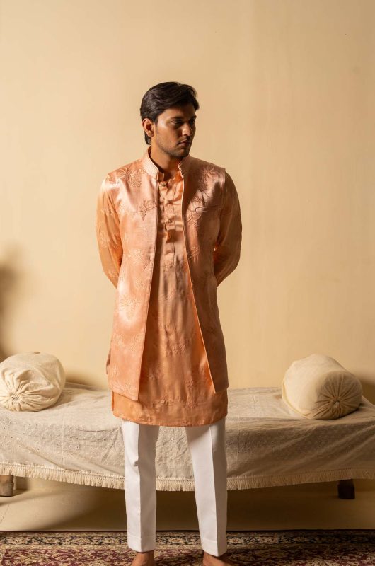 Shop Peach Satin Silk Long Open Bandi | Bela Bandi | Ayush Jain