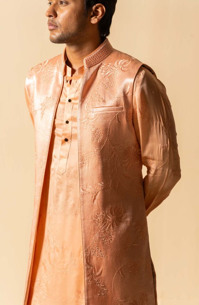 Shop Peach Satin Silk Long Open Bandi | Bela Bandi | Ayush Jain