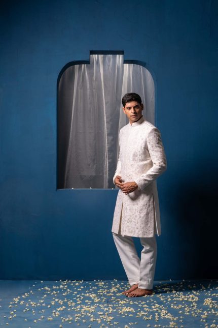 Shop Subtle White Sherwani | Parijat Sherwani | houseofayushjain