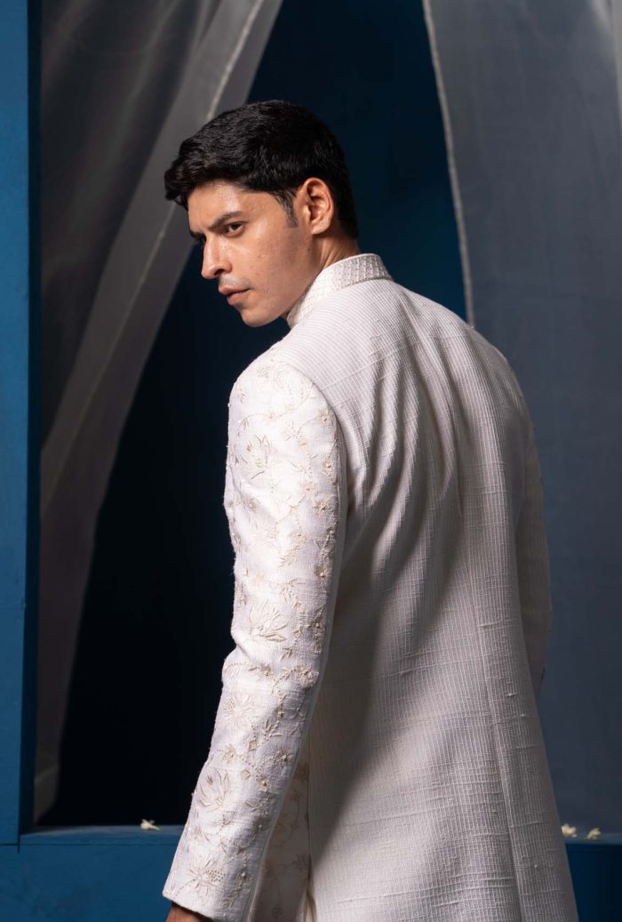 Shop Subtle White Sherwani | Parijat Sherwani | houseofayushjain