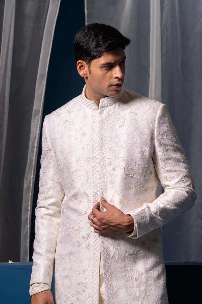 Shop Subtle White Sherwani | Parijat Sherwani | houseofayushjain