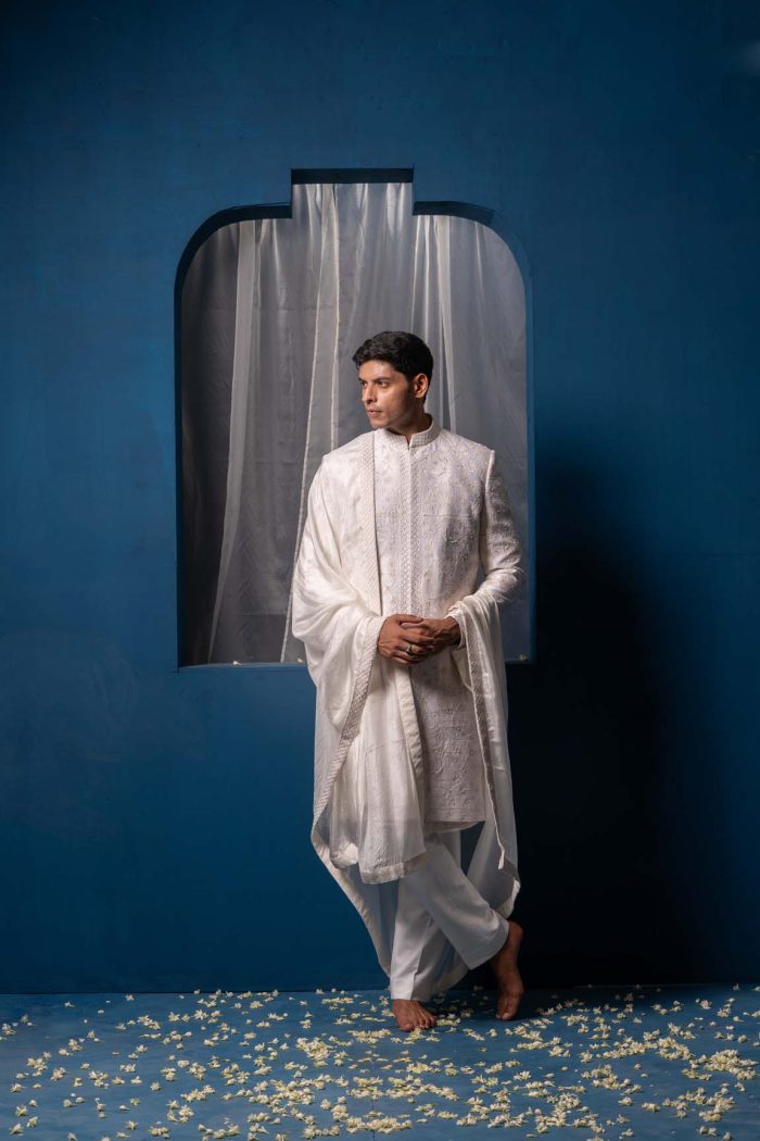 Shop Subtle White Sherwani | Parijat Sherwani | houseofayushjain