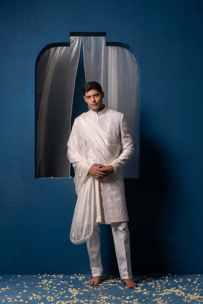 Shop Subtle White Sherwani | Parijat Sherwani | houseofayushjain