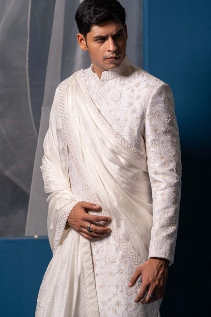 Shop Subtle White Sherwani | Parijat Sherwani | houseofayushjain