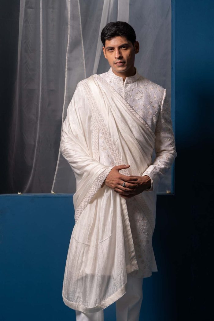 Shop Subtle White Sherwani | Parijat Sherwani | houseofayushjain