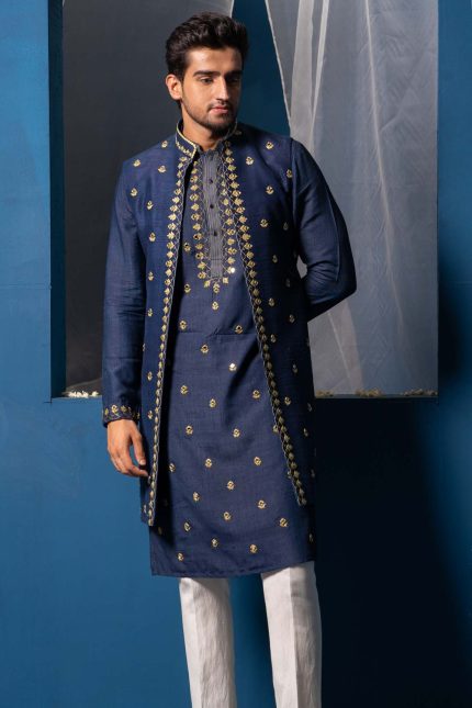 Shop Blue Long Open Bandi | Ayina Bandi | houseofayushjain