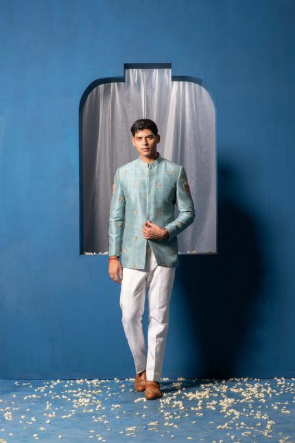 Shop Aqua Blue Bandhgala | Meher Banghgala | houseofayushjain