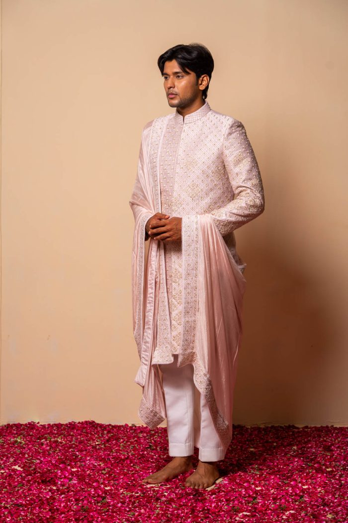 Shop Gulistan Sherwani | Light Pink Sherwani | houseofayushjain