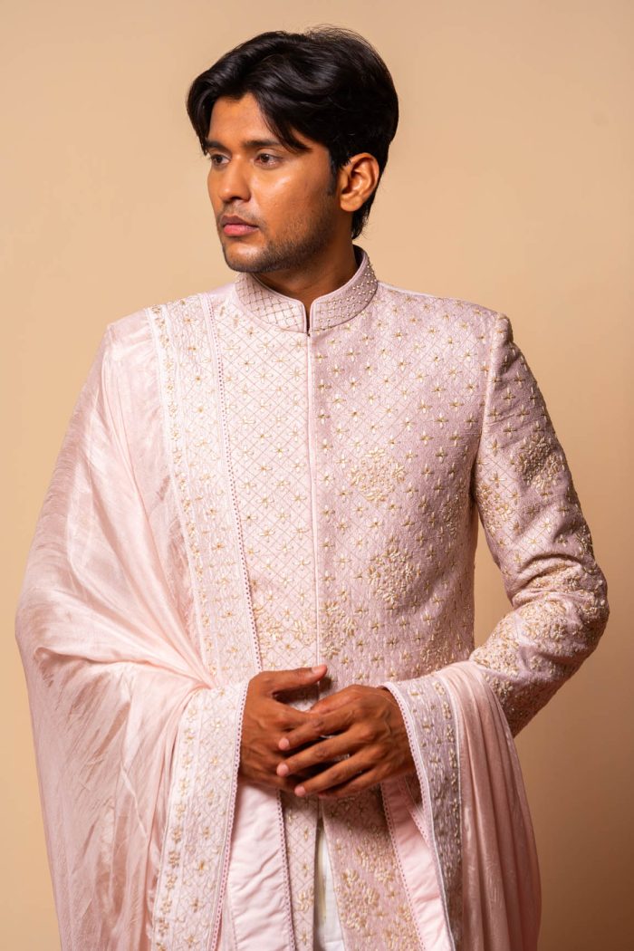 Shop Gulistan Sherwani | Light Pink Sherwani | houseofayushjain