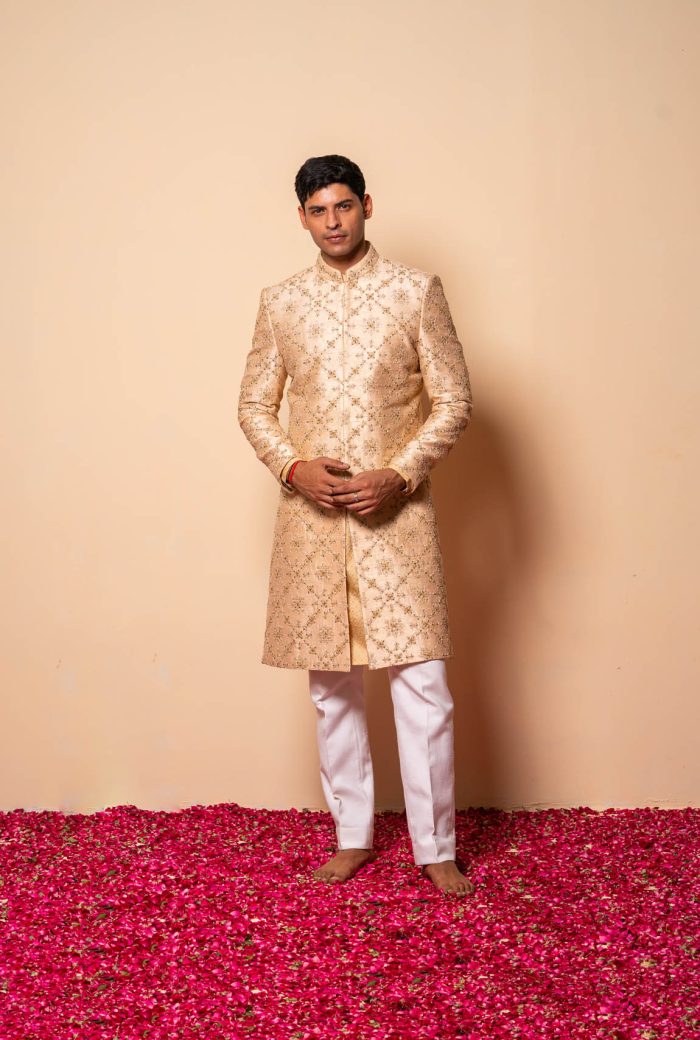 Shop Golden Sherwani | Jharokha Sherwani | houseofayushjain