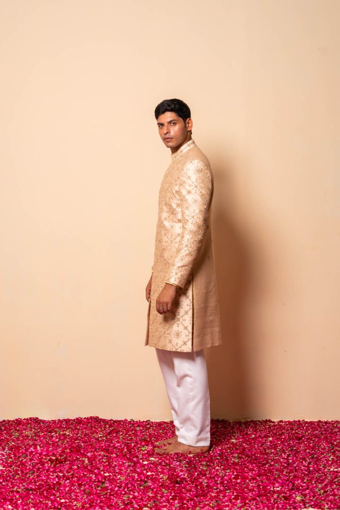 Shop Golden Sherwani | Jharokha Sherwani | houseofayushjain