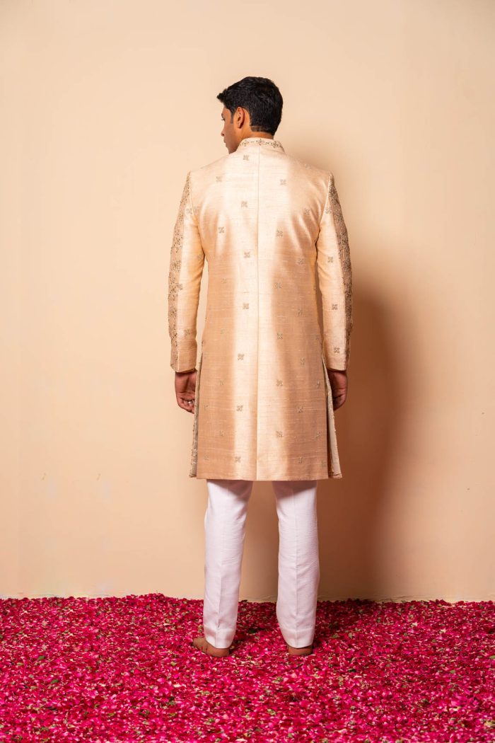 Shop Golden Sherwani | Jharokha Sherwani | houseofayushjain