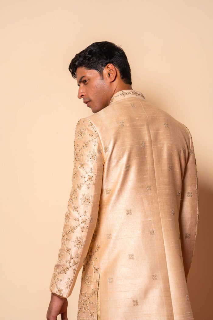 Shop Golden Sherwani | Jharokha Sherwani | houseofayushjain