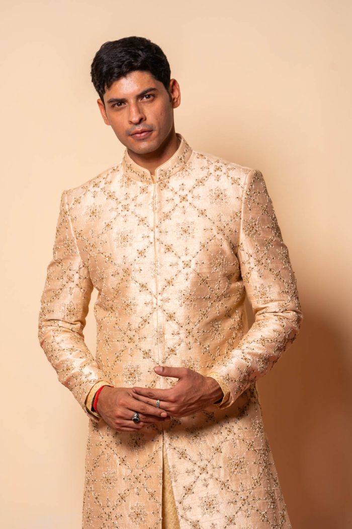 Shop Golden Sherwani | Jharokha Sherwani | houseofayushjain