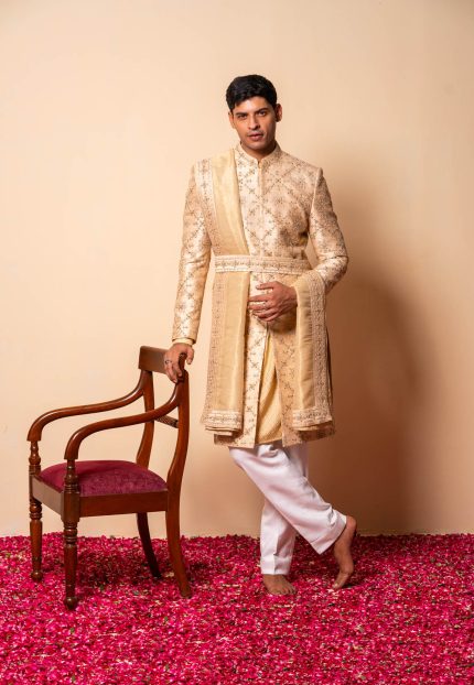 Shop Golden Sherwani | Jharokha Sherwani | houseofayushjain