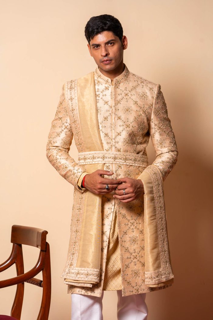 Shop Golden Sherwani | Jharokha Sherwani | houseofayushjain