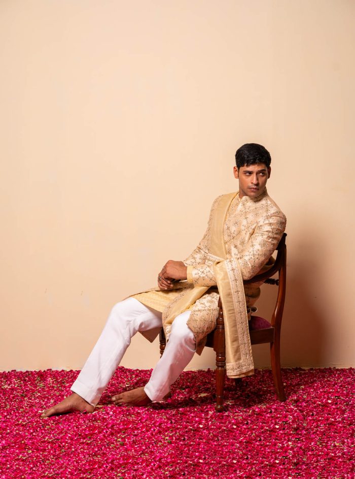 Shop Golden Sherwani | Jharokha Sherwani | houseofayushjain