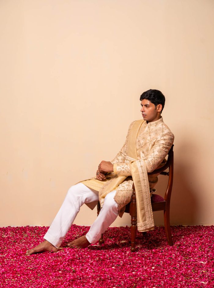 Shop Golden Sherwani | Jharokha Sherwani | houseofayushjain