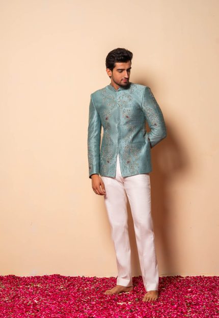 Shop Bluish Green Bandhgala | Kairi Bandhgala | houseofayushjain